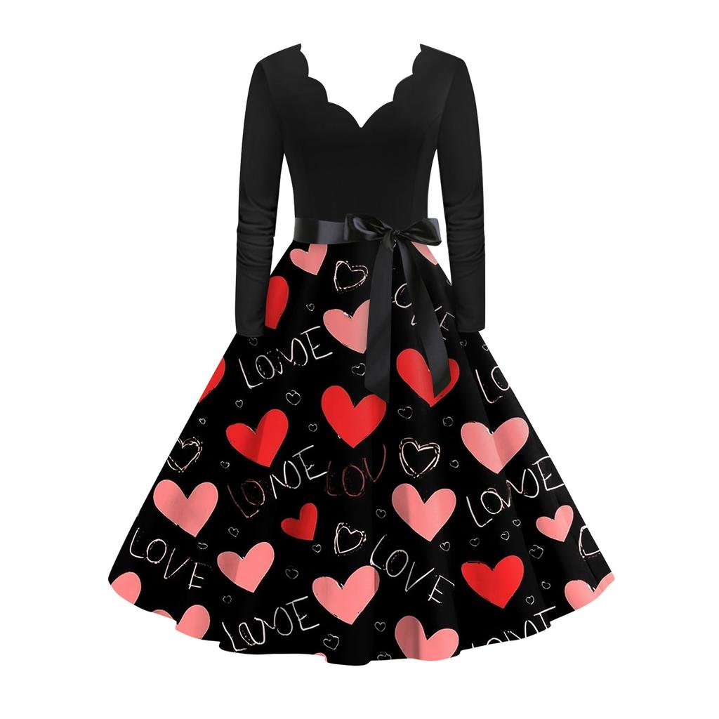 Women's stylish and elegant long,sleeved V,neck heart,shaped dress for Valentine's Day