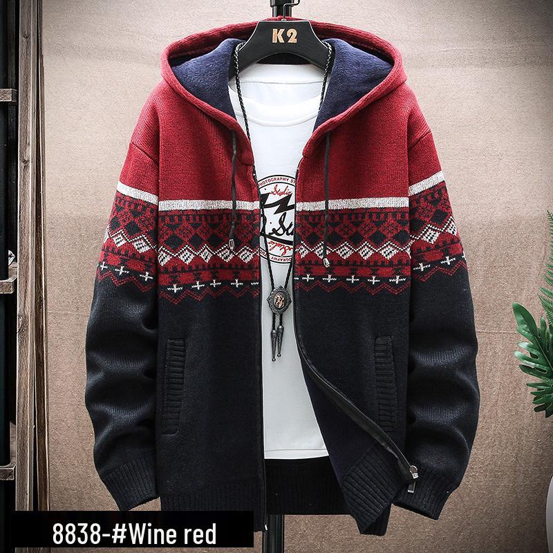 Men's Korean Style Hooded Knitted Sweater Jacket - Color Block, Plus Velvet, Autumn/Winter