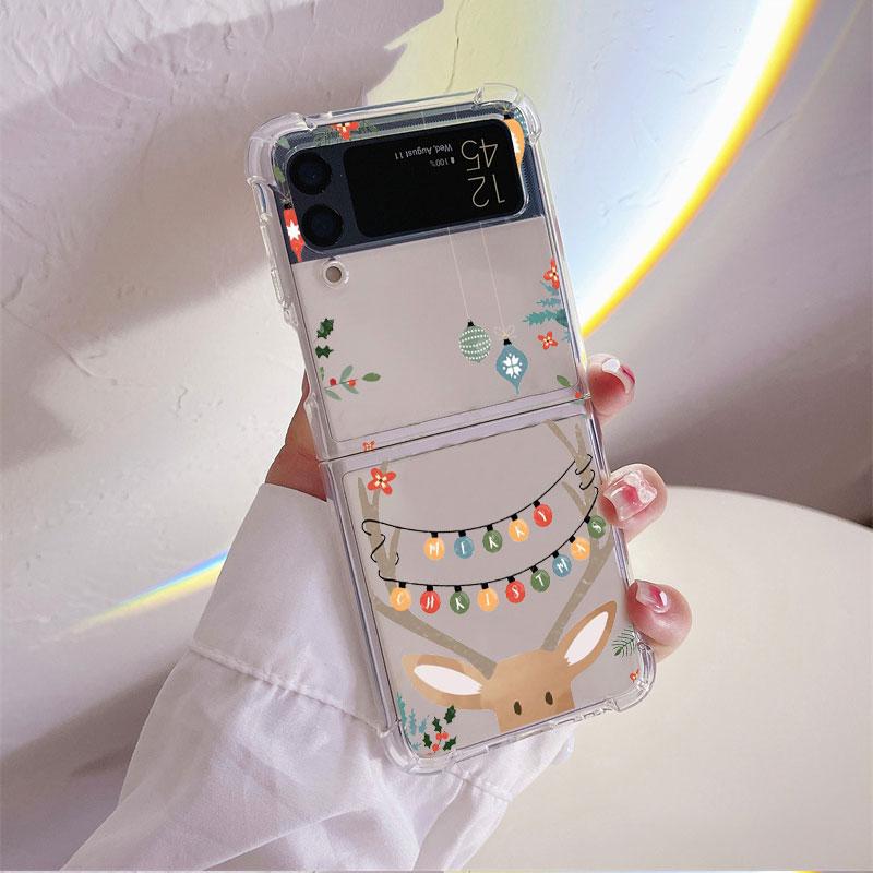 Christmas New Year Gifts Elk Snow Coque for Samsung Galaxy Z Flip 4 Z Flip 3 5G ZFlip4 ZFlip3 Flip4 Flip3 Clear TPU Case