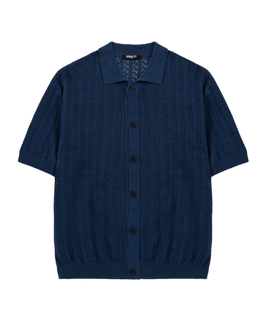 Draw Fit Linen Punched Half Collar Cardigan [Blue]