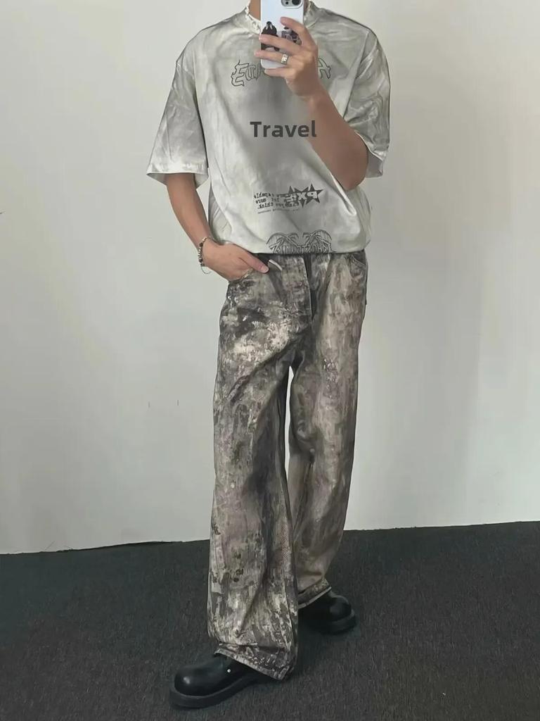 Unisex Hüftjeans mit weitem Bein, 3D-Camouflage und Tintenklecks-Print