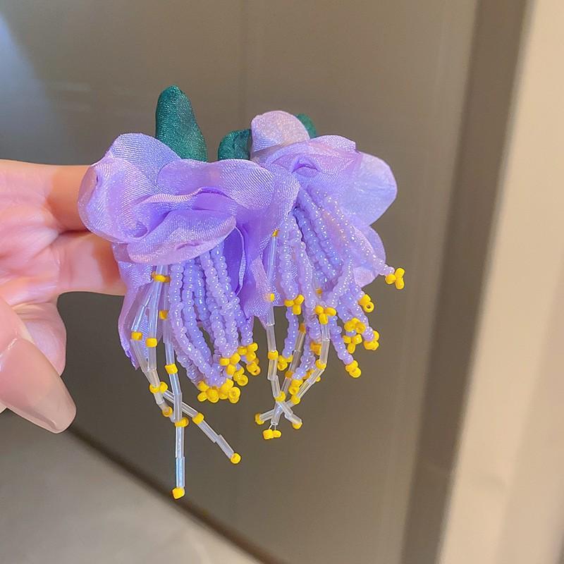 Silver needle chiffon flower fringed stud earrings sweet Mori dopamine earrings niche trend versatile earrings fashion women