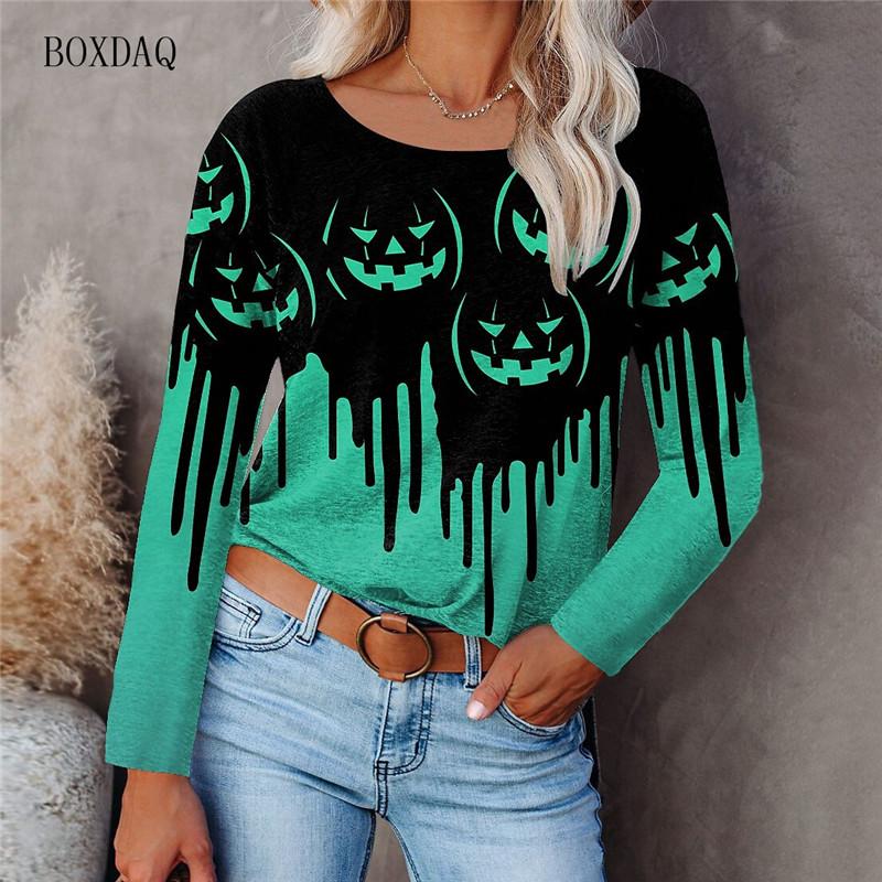 Horror Pumpkin Halloween Women Fashion T-shirts Long Sleeve 3d Print Tie-dye Street Hip Hop Ladies Tees 6XL Big Size Casual Tops