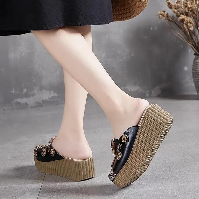 Fashion GKTINOO 2025 Wedge Slides Shoes Women Cover Toes High Heels Flower Sandals Summer Female Genuine Leather Platform Slippers