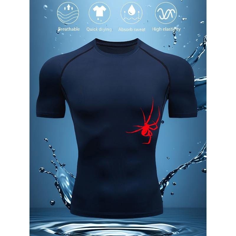 Mens Black Compression Short Sleeve T-Shirt Spider Graphic High Elasticity Breathable Gym Workout And MMA Athletic Top
