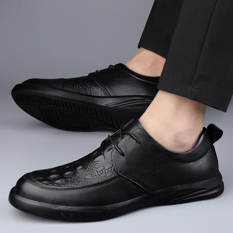 7 Men'S Shoes, Leather Shoes, Genuine Leather Dress Casual Shoes, Spring Low-Top Overalls, Crocodile Pattern Cowhide Surface Flat-Soled Single Shoes