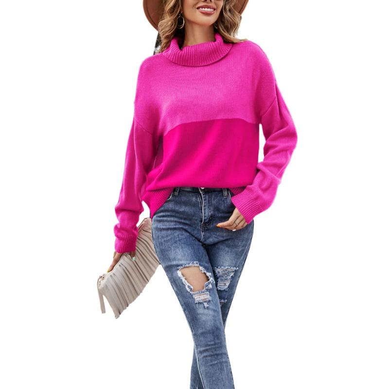 

Женский свитер большого размера с высоким воротом, сочетающий цвета, осень и зима S ярко-розовый