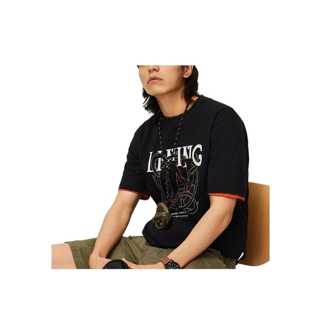 Li-Ning Letter Print Round Neck Pullover Short Sleeve T-Shirt Men Tops Black AHSU315-3