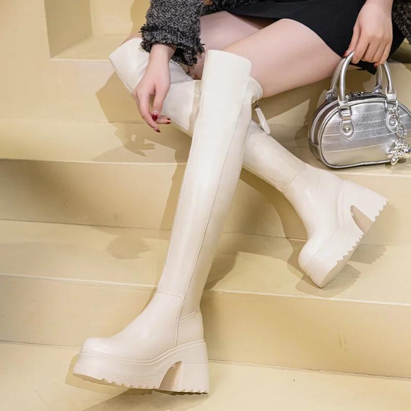 

Fashion 10CM Patent Microfiber Leather Women Knee High Platform Wedge High Top Fashion Autumn Winter Boots Spring Block Boots ZIP Shoes 40