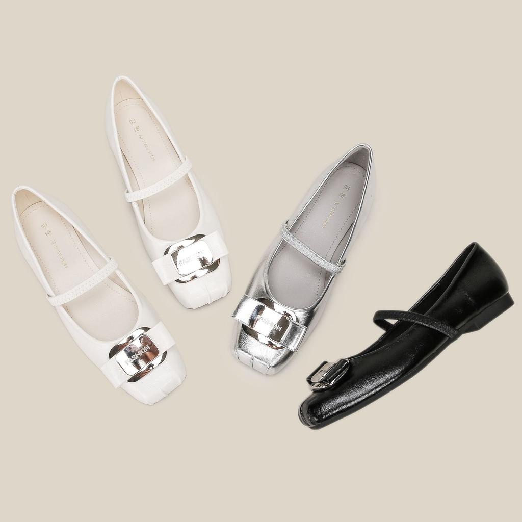H83-5 Internet-Promi-Ballerinas mit weicher Sohle, bequeme silberne Damenschuhe mit Metallschnalle, Doudou-Schuhe Damen