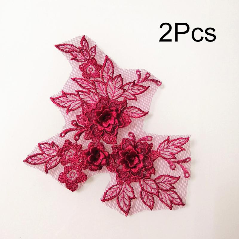 2Pcs Flower Embroidered Trim Lace Applique Fabric Craft Sewing Motif Dress Decoration Wedding Bridal DIY Patches Hollowed Out