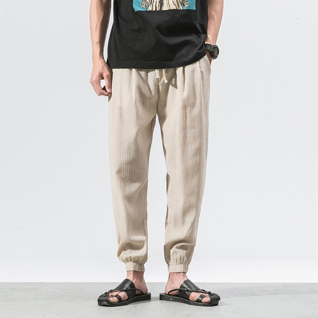 Men's Casual Slim Sports Pants Ankle-Length Linen Trousers Baggy Pants