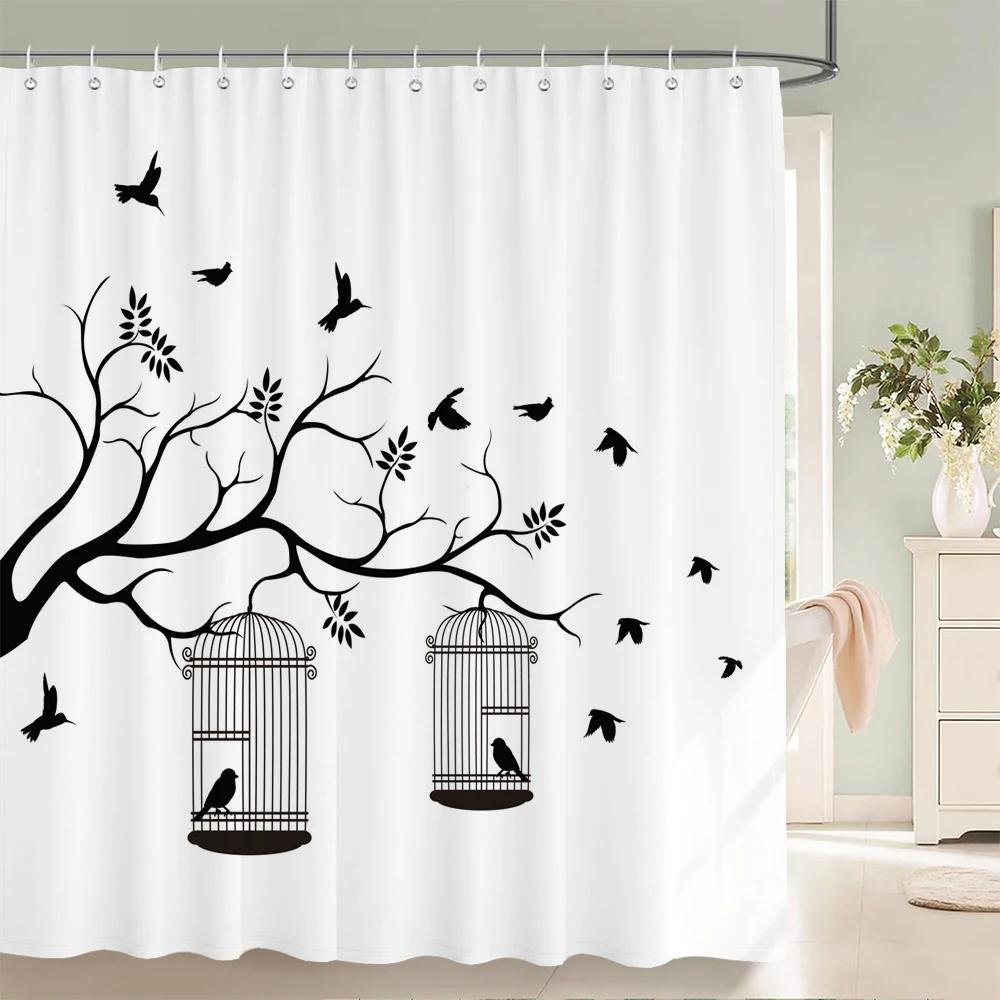 Nordic Minimalist Art Printing Shower Curtain, Waterproof Fabric Flower And Leaf Bird Pattern Bathroom Curtain For Bathtub Decor