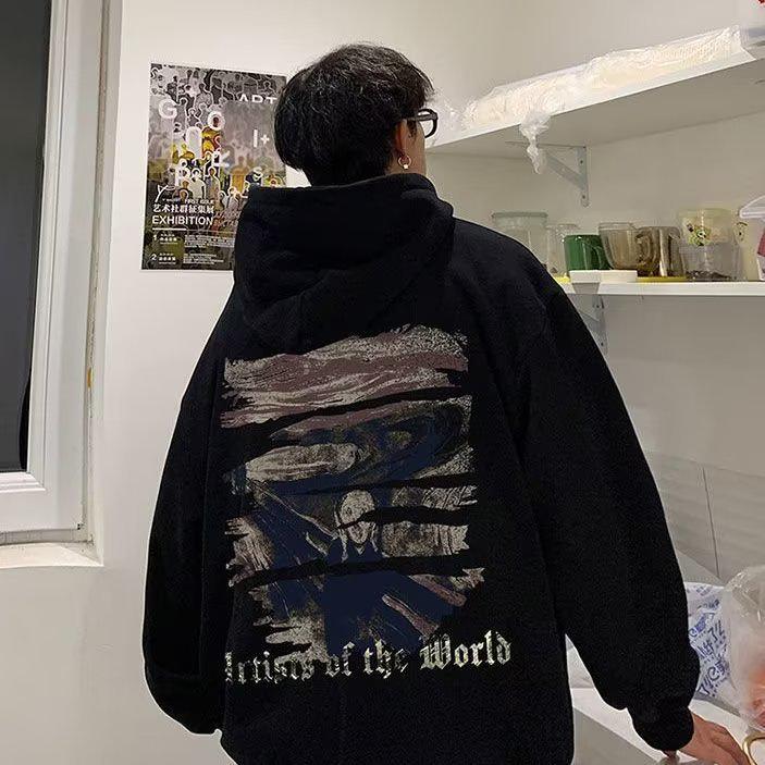 

Men s Trendy American-Style Hooded Sweatshirt: Plus Velvet, Loose Fit, Casual Jacket for Teens - Ideal for Autumn and Winter. XL чёрный