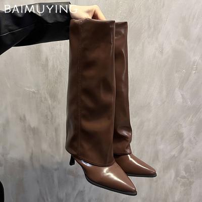 Kožené vysoké boty na podpatku Dámské Boty s vysokou špičatou špičkou Dámský Trend Zimní Chelsea Boty Nové Lodičky Snow Gladiator Botas