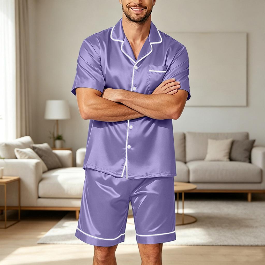 Men Satin Short Sleeve Pajama Set Button Down Shirt with Pocket and Matching Shorts Two Piece Sleepwear