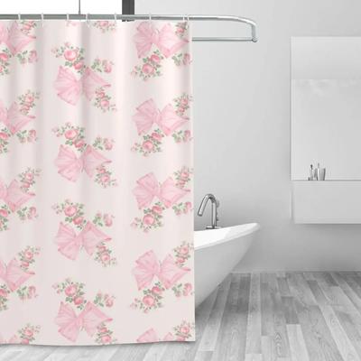 Perdea de duș florală cu fundă roz, poliester, impermeabilă, cu cârlige incluse, rezistentă la mucegai, decor baie