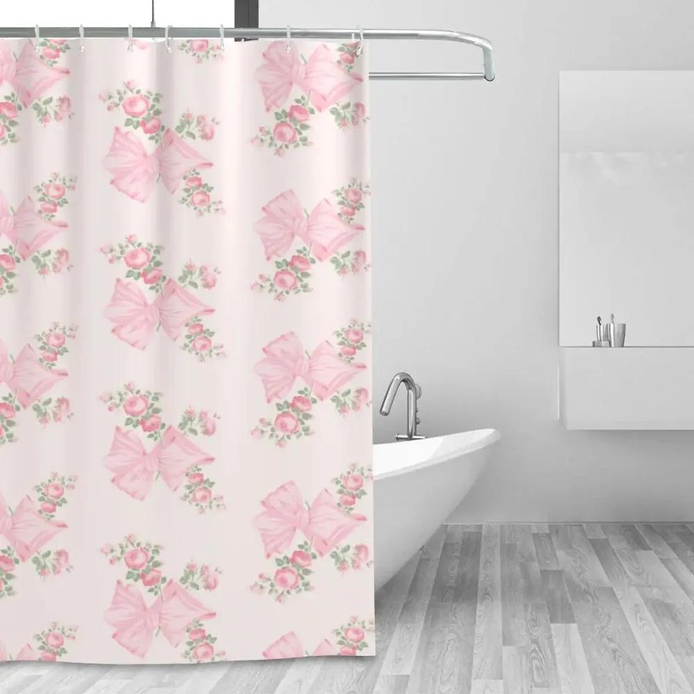 Pink Bow Floral Shower Curtain Polyester Waterproof Bath Curtain With Free Hooks Mildew Proof Bathroom Decoration