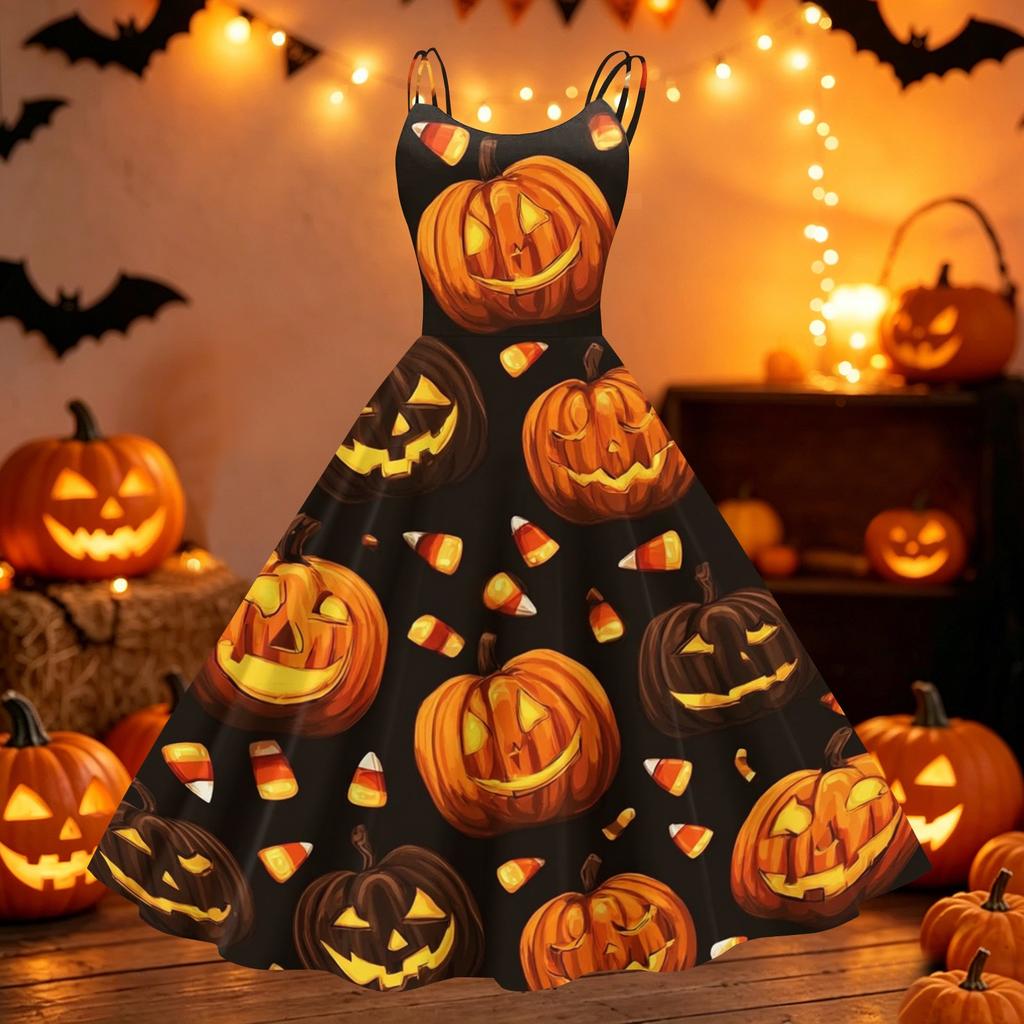 Vestido Vintage Punk de Hombros Descubiertos con Estampado de Halloween para Mujer Sin Mangas con Tirantes Finos de Espagueti Vestido de Línea A con Estampado de Calabaza Fantasma Murciélago de Halloween