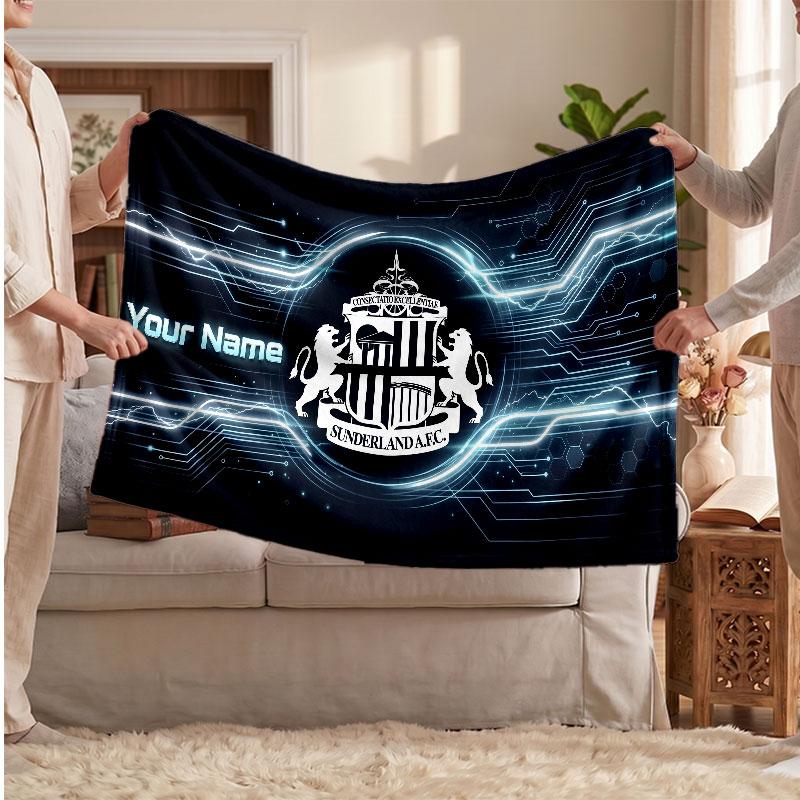 Sunderland FC Personalized Fleece Blanket With Football Logo, Custom Name Text Soft Warm Home Throw Blanket