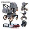 BAZARLAND30.Carrinho de Bebé 3 em 1 Combinado Cadeira Auto Alcofa Trio Reversível Ajustável Alta Qualidade Rodas Antifuro.AZUL/CINZA