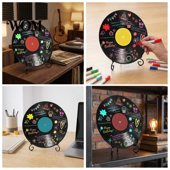Desktop Display Stands Vinyl Record DIY Graffiti Clock Ornament, Blank Acrylic Retro Tabletop Wall Reusable Drawing Surface Decor with Stand,