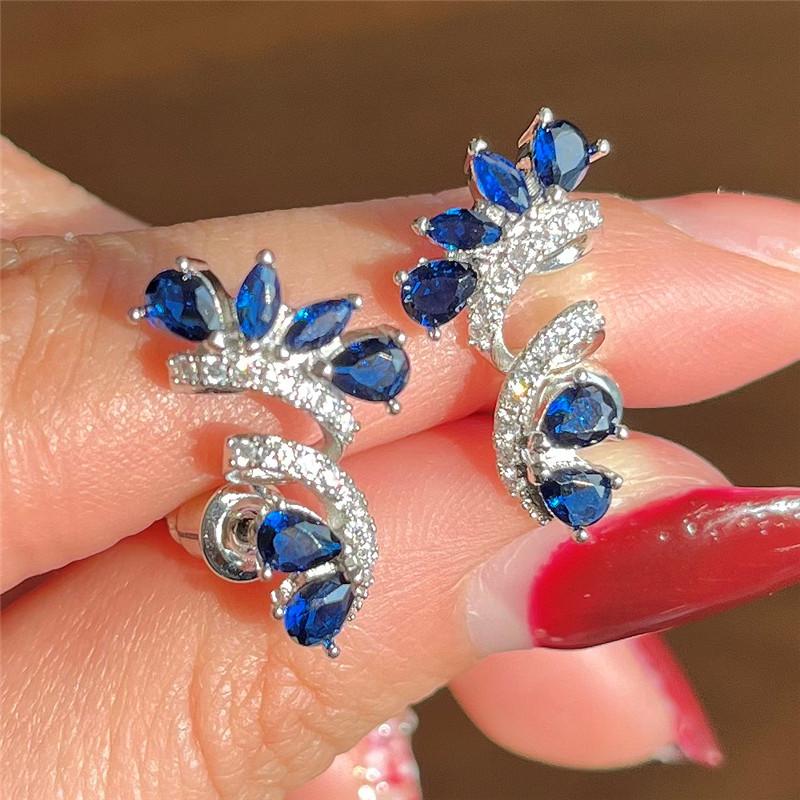 

925 Sterling Silver Stud Earrings for Women Temperament Elegant Blue CZ Earrings Wedding Engagement Party Drop Shipping Jewelry