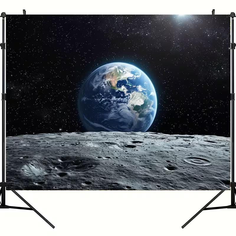 2D Flat Printing Space Wall Hanging Earth Rise from Lunar Surface Starry Sky Backdrop