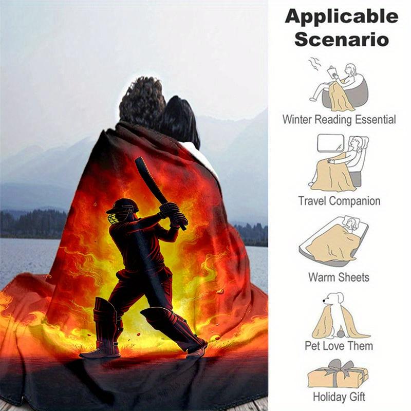 1pc. Flame-Themed Cricket Player Silhouette Blanket - Perfect for Home, Office, Outdoor Use, Gift Idea,