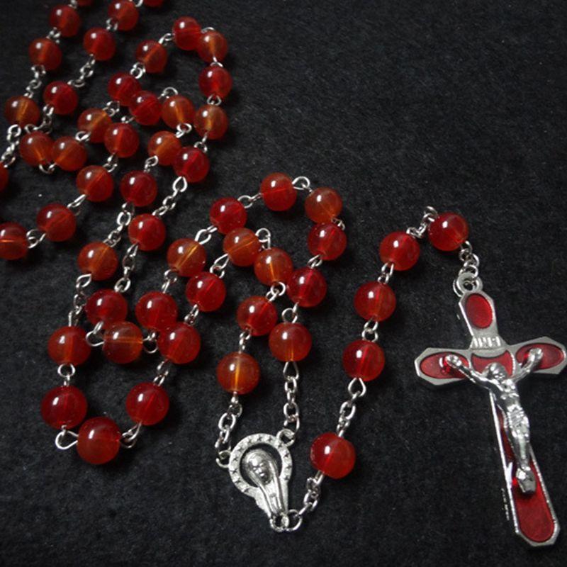 QIGO Transparent Red Glass Beads Rosary Necklace Metal Cross Catholic Jewelry