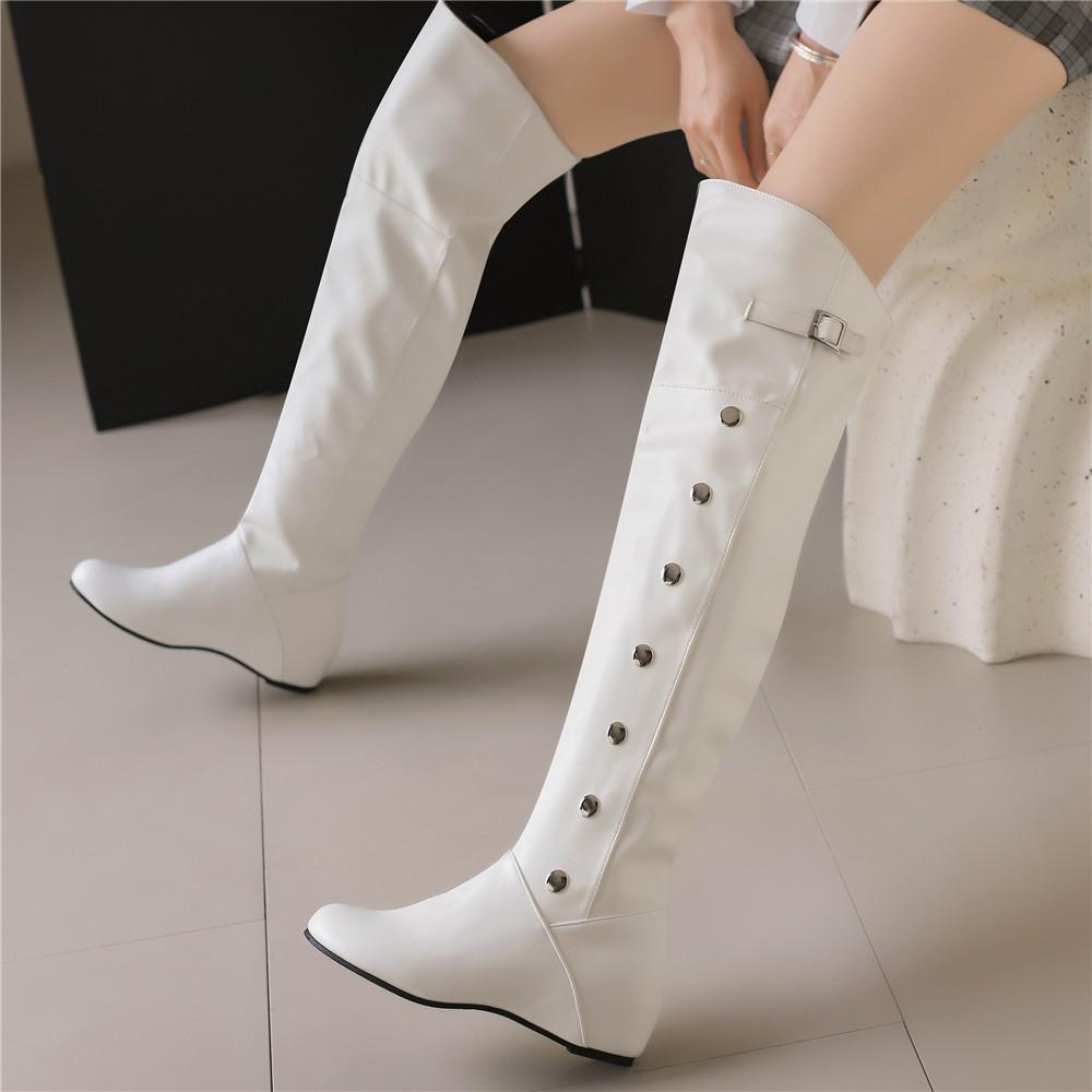 Women Boots  Winter New Fashion Casual Over-The-High Boots Round Toe Buckle Plus Size 34-43Lady Shoes Rivet Metal Decoration