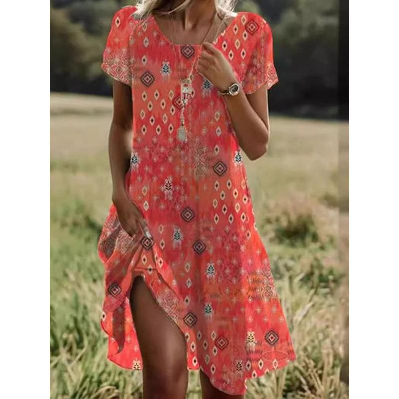 Summer Ethnic Style Large Round Neck Medium and Long Dress