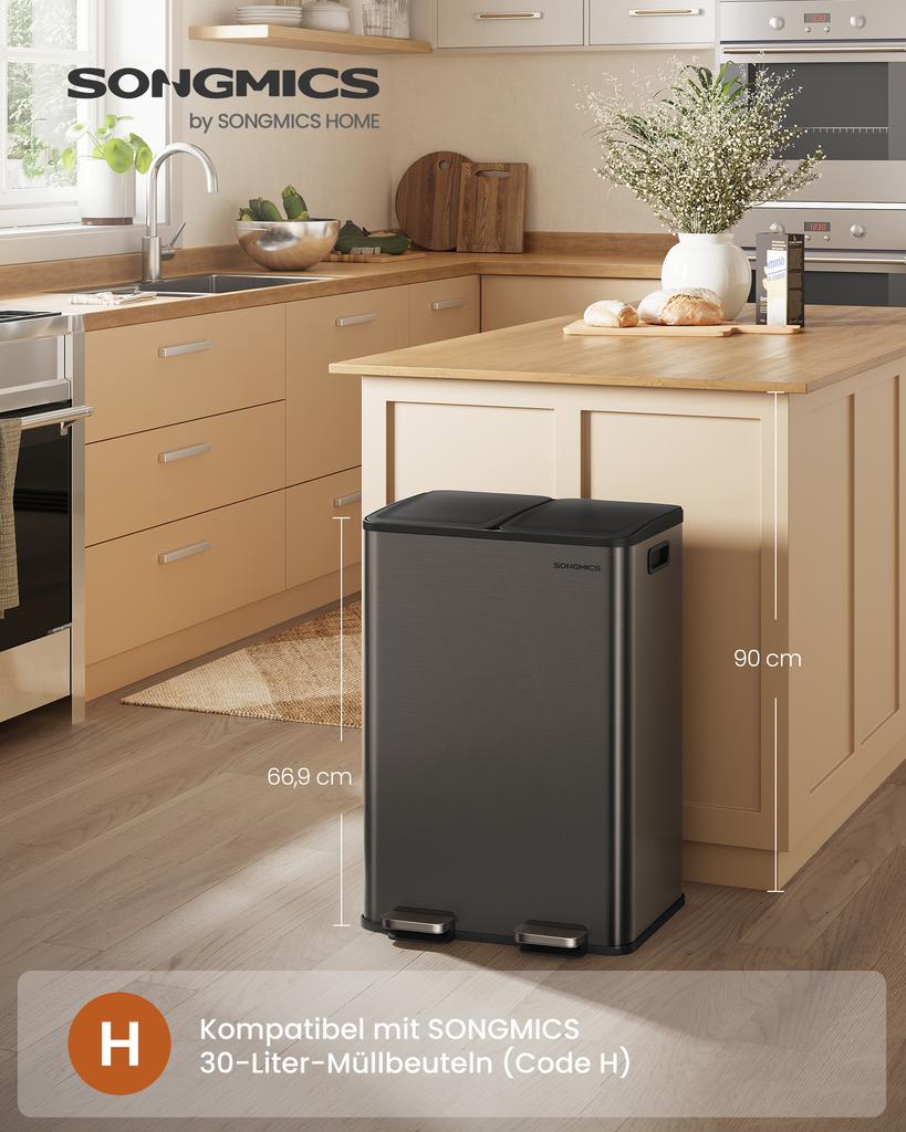 SONGMICS Kitchen Bin, 2 x 8 Gallon (2 x 30 L) Dual-Compartment Pedal Rubbish Bin with Soft-Close Lid and Inner Buckets, Steel, Includes 15 Liner Bags