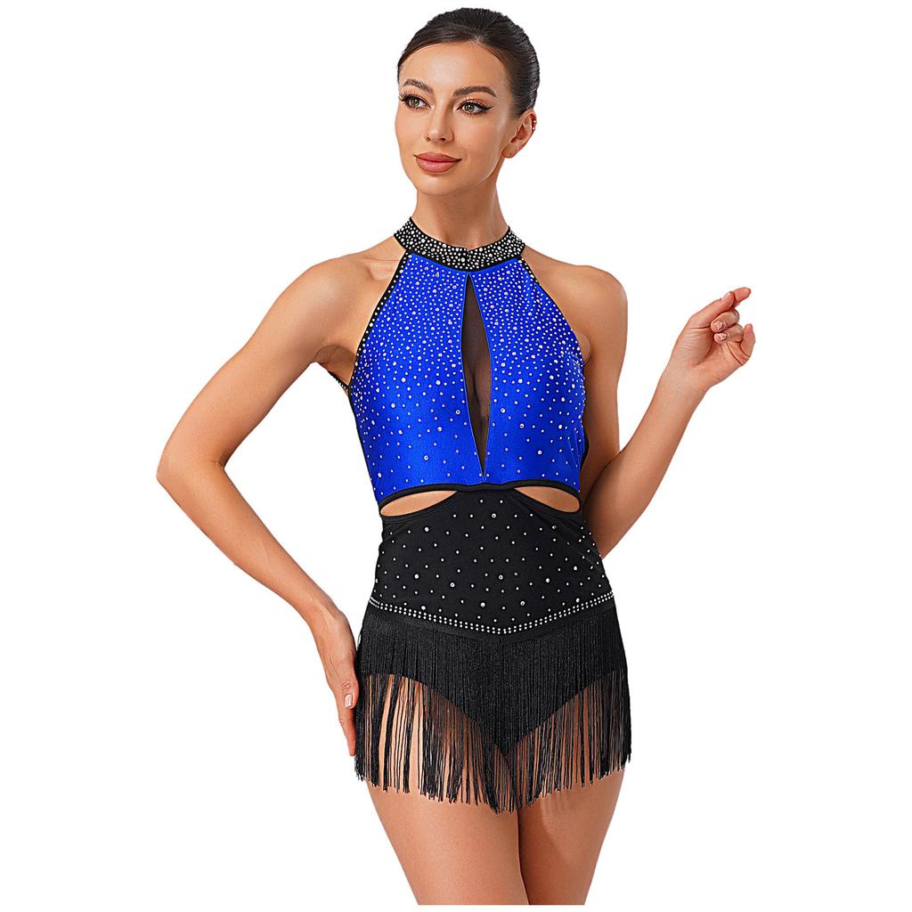 Dámský latinsko-jazzový taneční dres po celém povrchu s kamínky, třásňovou sukní, bez zad, kontrastní barvy, body