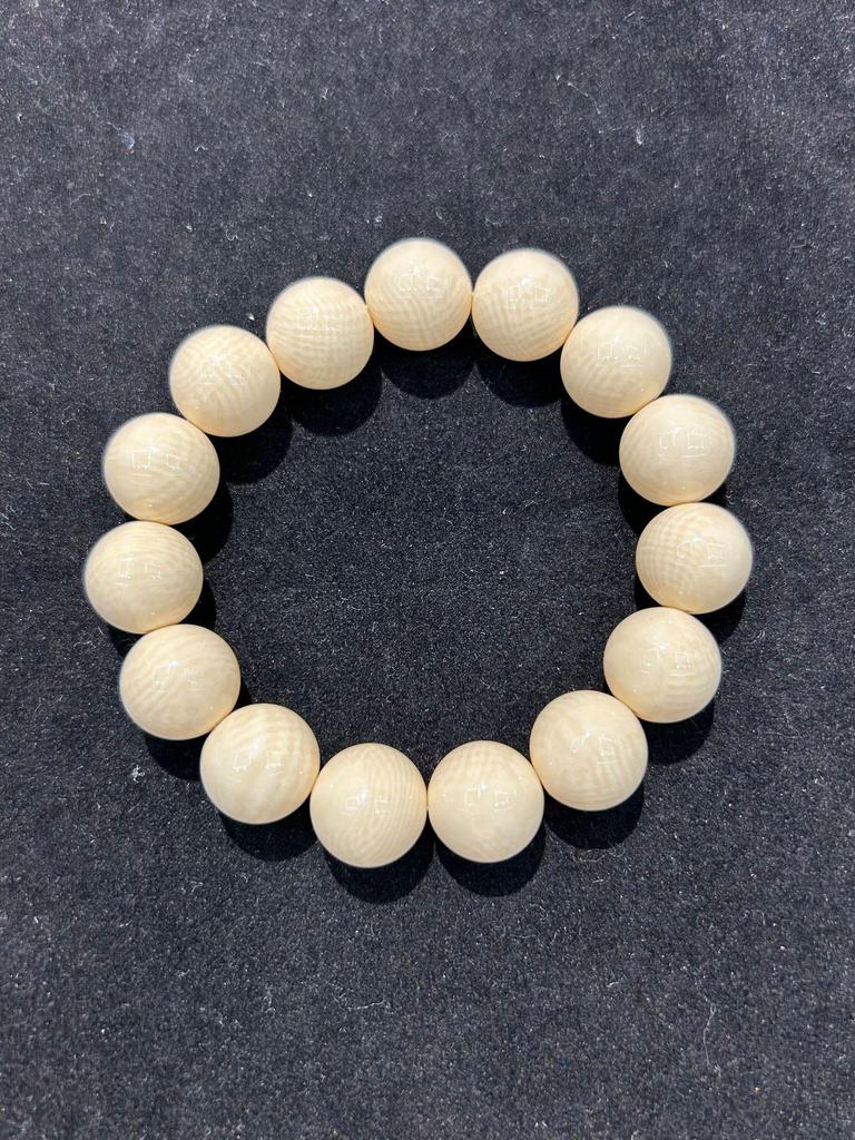 Erkek Budist Tesbih Bileklik - Izgara Desenli Taklit Mamut Fildişi, Tek Tur, Edebi El Sanatı