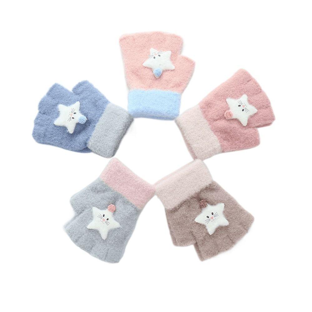 Cute Thicken Half Finger Knitted Cat Star Kids Outdoor Gloves Korean Mittens Children Winter Gloves