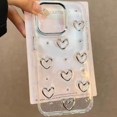 Glitzer 3D Silber Herz Handyhülle Für iPhone 17 16 15 14 13 12 11 Pro Max 7 8 Plus X XS Epoxid Hülle Mädchen Klare Abdeckung