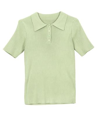 Ribbed Knit Polo Knit Polo Top for Summer Summer and Spring Stylish and Clean M Green [Kobe Lettuce] Short-sleeved Women, Clothes, Clothes, [C7537]