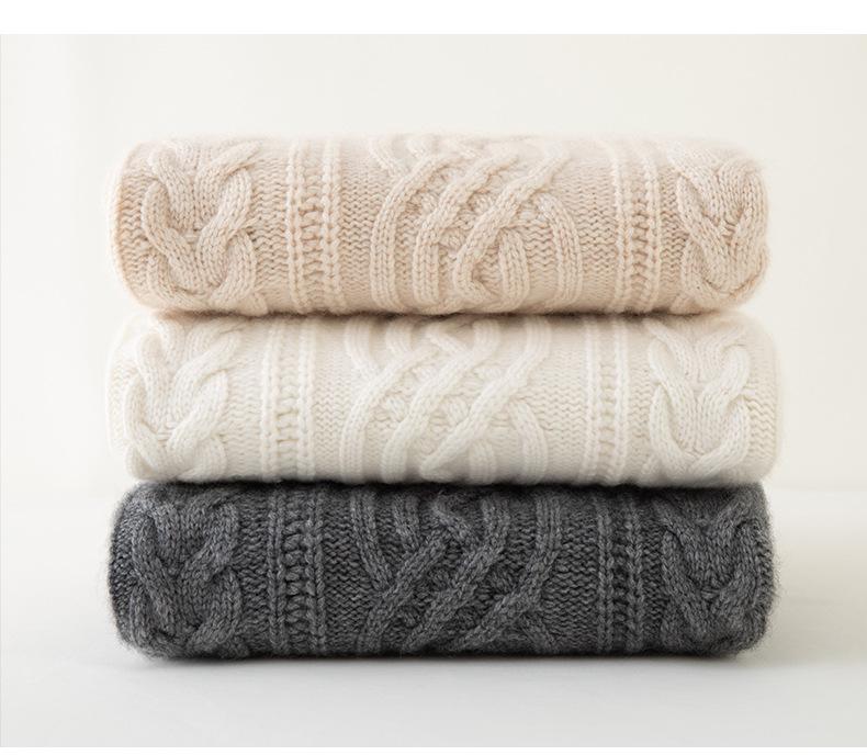 Women's Thick Cable Knit Cashmere Sweater - High Neck, Loose Fit, Soft Jacquard Inner Layer