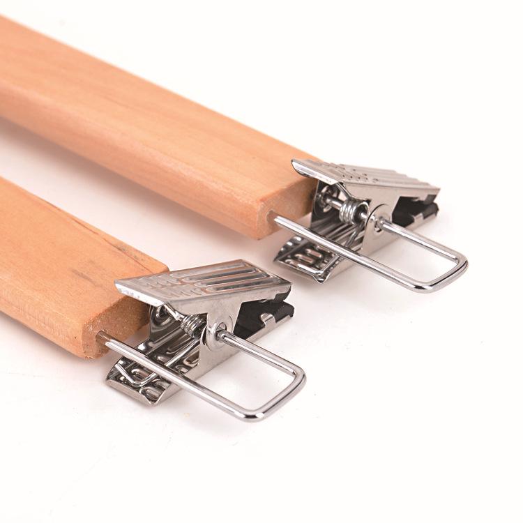 Solid Wood Stainless Steel Clip Trouser Rack - Natural Wood Finish for Adult Clothing Hangers