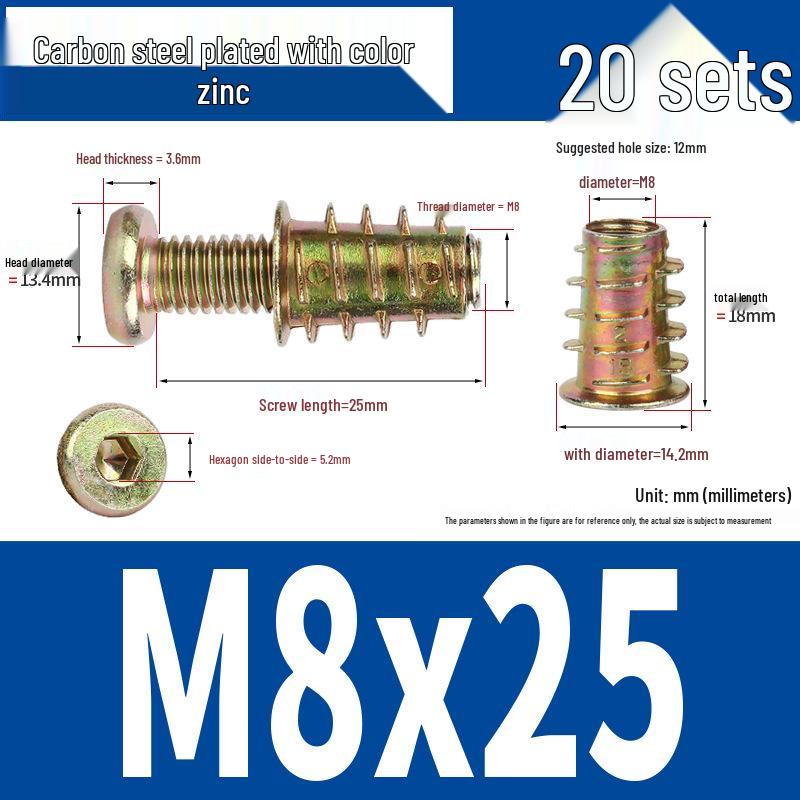 Flat Head Hex Socket Screws & Pre-embedded Nut Set for Wooden Bed Connectors