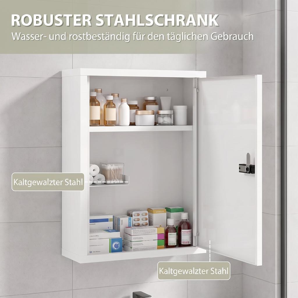 Wall Mount Medicine Cabinet, Bathroom Cabinet with Combination Lock, Door and Storage Shelves, White
