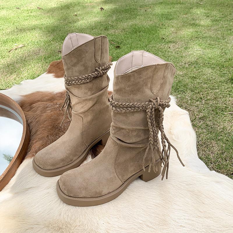 

Женские сапоги из высококачественной замшевой коровьей кожи, дизайнерские плиссированные сапоги на устойчивом каблуке, высокие сапоги-рыцари до колена для женщин, сапоги до середины икры, Botas 35