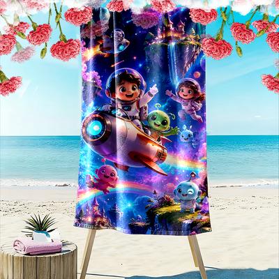 Colorful Space Adventure with Kids and Aliens Beach Towel Quick-drying for Travel Outdoor Sports Jogging Beach and Swimming