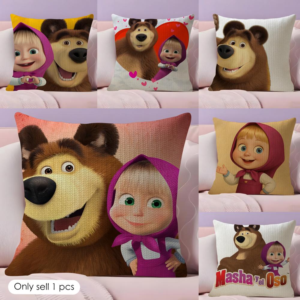 Cute Masha and the Bear Cushion Cover Natural Linen Organic Fabric DoubleSided Printing Couch Pillow Covers Home Decor