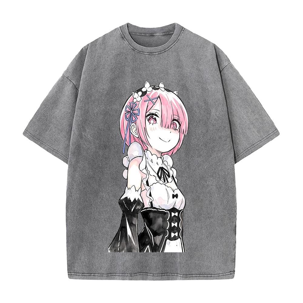 Hot Anime Re Zero Ram Cute Print T-shirt Men Women Tshirts Short Sleeve Cotton Clothing Retro Washed T Shirt Harajuku Loose Tops