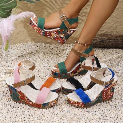 Large Size Ethnic Wind Slope Heel Fish Mouth Word Belt Sandals Summer New Hollow Buckle Belt Women's Shoes
