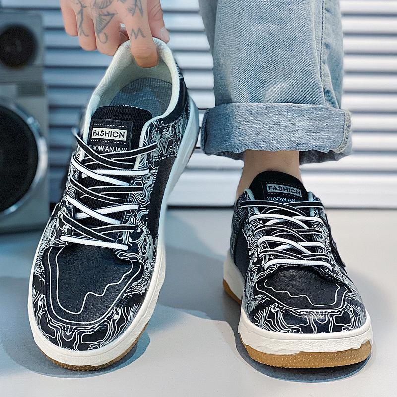 Guochao Design Thick Baseplate Shoes Fashionable Low-Top Leather Surface Breathable Casual Shoes Men'S Shoes