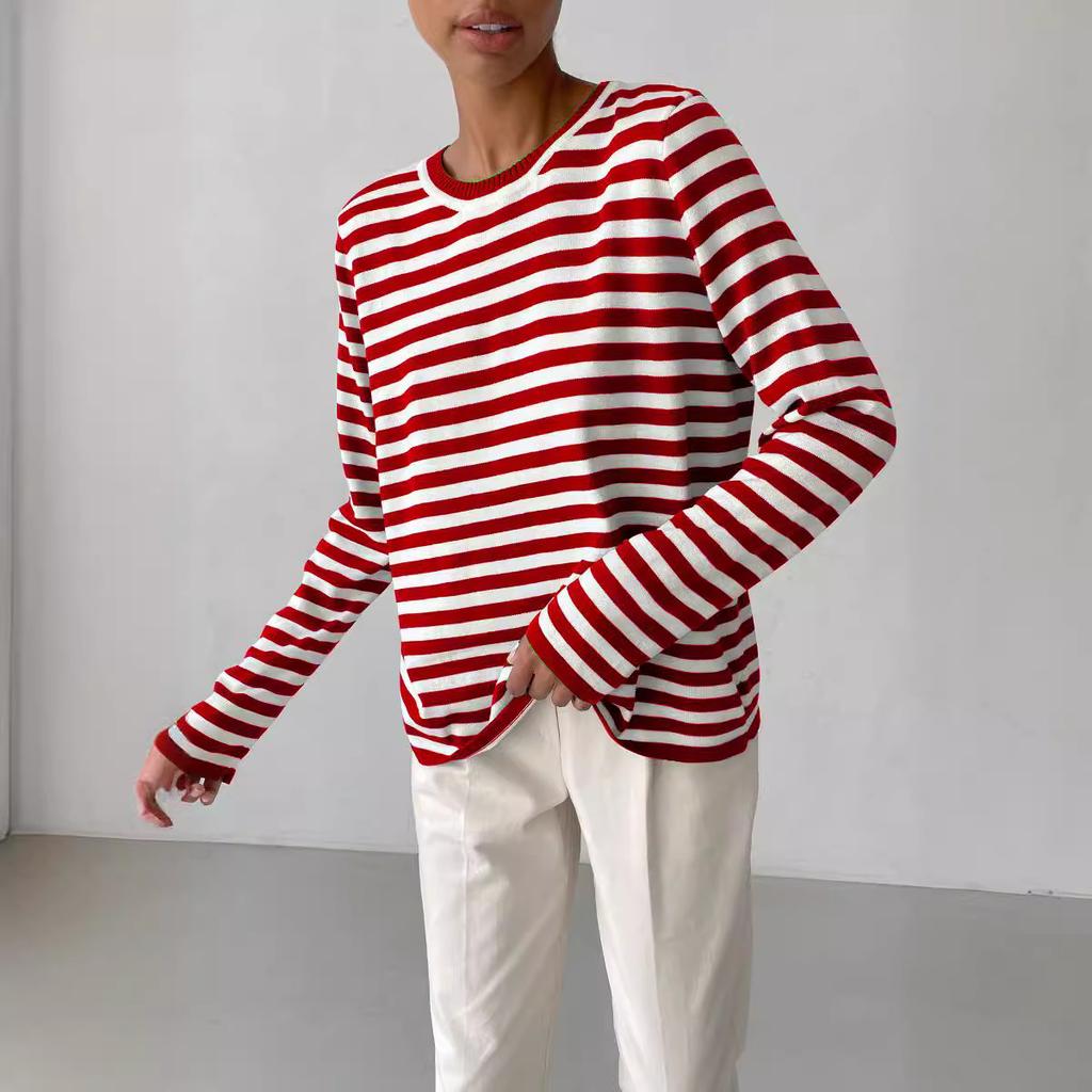 Round Neck Knit Striped Jumper Spring Summer Hundred Classic Retro Striped Pullover Jumper Women Blend Comfortable Undercoat Long Sleeves Sweater