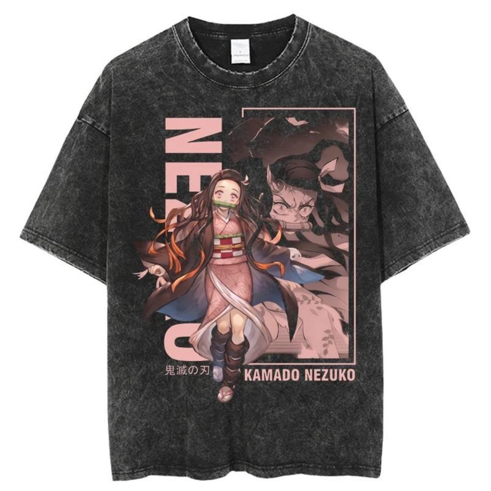 Summer Retro Washed Style Demon Slayer Blade Anime Printed T-shirt for Men Anime Fans and Enthusiasts T-shirt